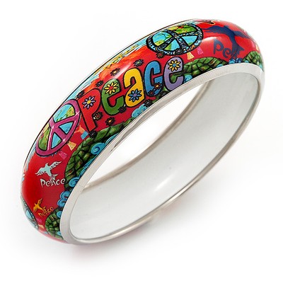 Funky 'Love & Peace' Bangle Bracelet In Silver Tone Metal - 19cm Length