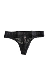 Victoria's Secret PINK Logo Floral Lace Thong Panty Black