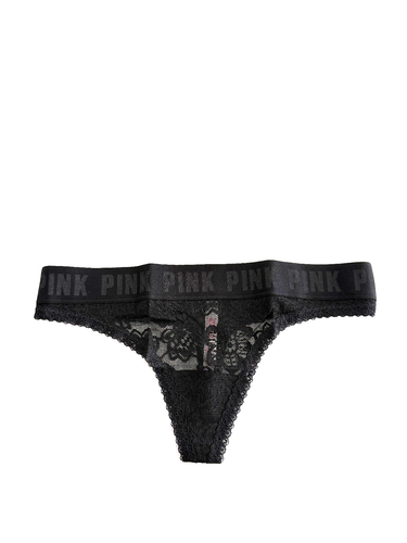 Culotte string dentelle fleurie logo rose Victoria's Secret noir - Photo 1/2