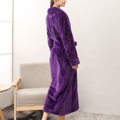 Women's Fleece Robe Long Sleeve V Neck Fuzzy Warm Calf Length Belted Bathrobe - Picture 9 of 38