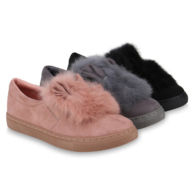 Damen Sneaker Low Slip Ons Fell Turnschuhe Wildleder-Optik 820228
