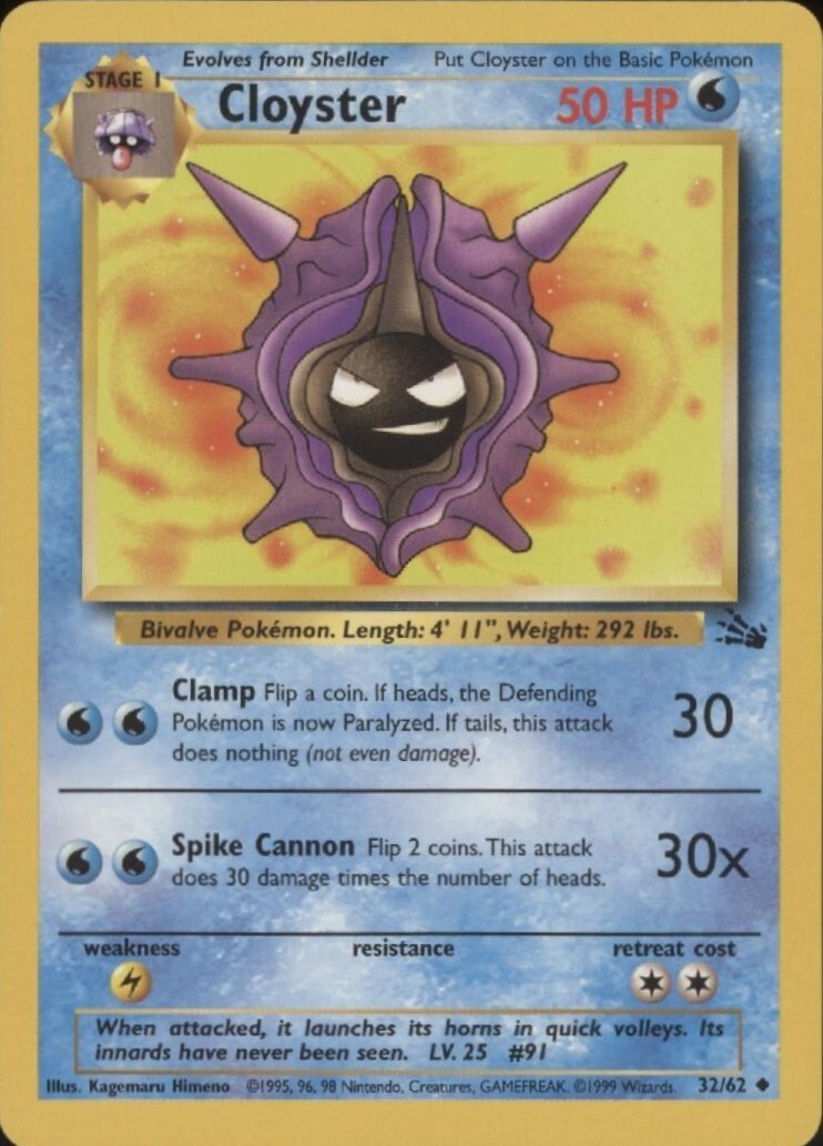 Cloyster Non-Holo WOTC Pokemon Card 32/62 Fossil Set EXCELLENT