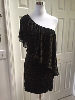 NW Nightway One Shoulder Black Gold Metallic Ruched Pleated