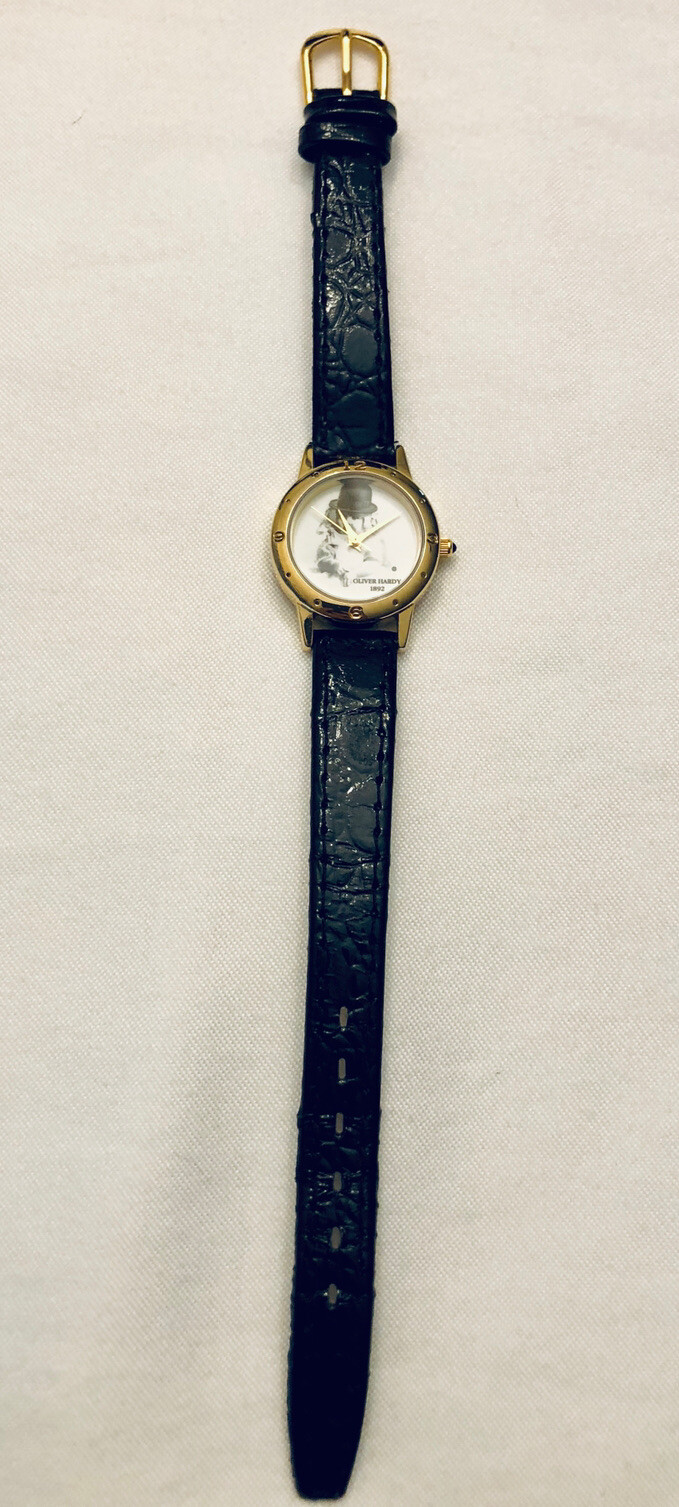 VINTAGE Novelty Watch OLIVER HARDY 1892 Black Leather Laurel & Hardy