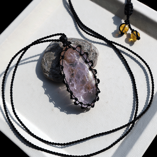 Handmade Natural Amethyst Quartz Micro Macrame Minimalist Gemstone Boho Necklace - Picture 3 of 8