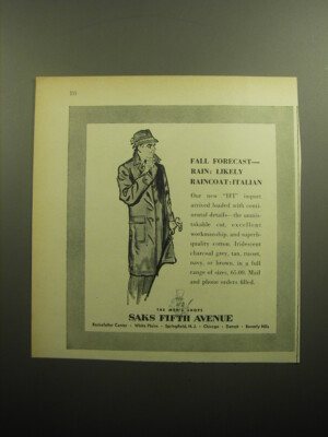1958 Saks Fifth Avenue IFI Raincoat Ad - Fall forecast - rain, likely