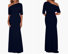 BETSY  ADAM Navy One-Shoulder Elbow Sleeve Stretch Crepe Scuba Maxi Gown 8  M