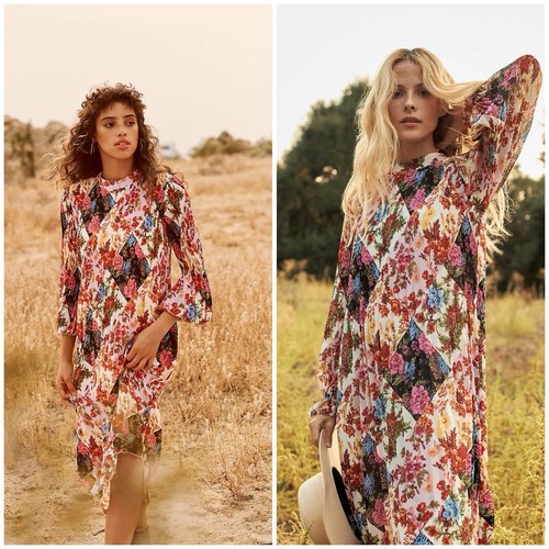 Anthropologie Maeve Shara Pleated Midi Dress Pullover Floral Patchwork Small