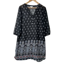 J Jill Sheer Mini Dress Sz Mp Geometric Black 3/4 Sleeve V Neck Cover Up Beachy