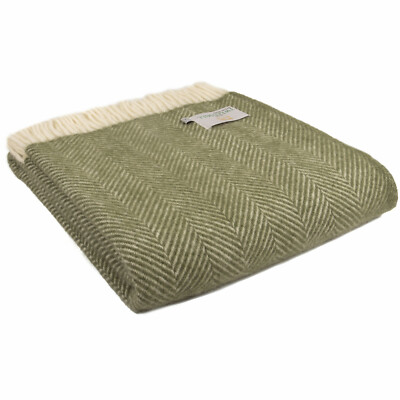 TWEEDMILL TEXTILIEN KNIETEPPICH 100 % Wollsofa Überwurfdecke FISCHKNOCHEN OLIV & CREME
