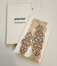 Yanstar Wedding Bridal Garter Belt Beige Stretch Lace Set Rhinestone