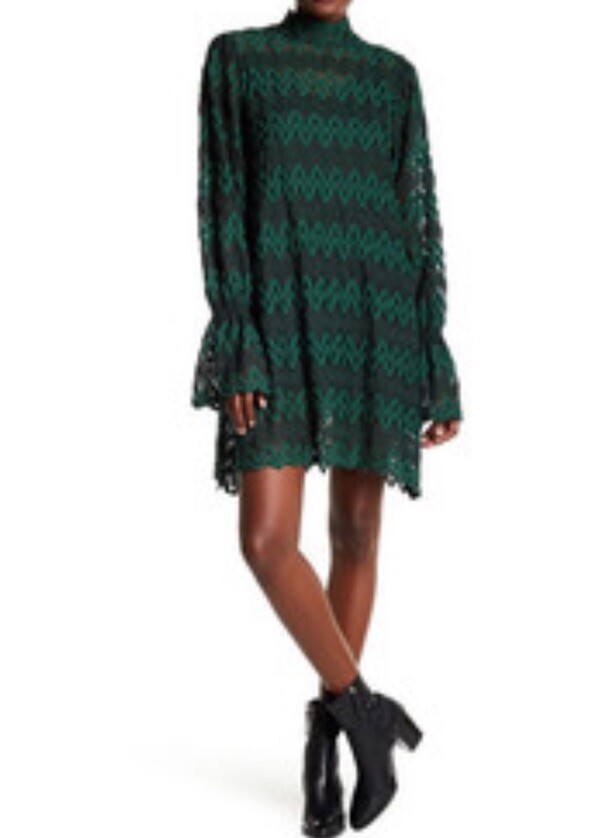 New Free People Womens Holiday Green Simone Mock Neck Lace Mini Dress Medium