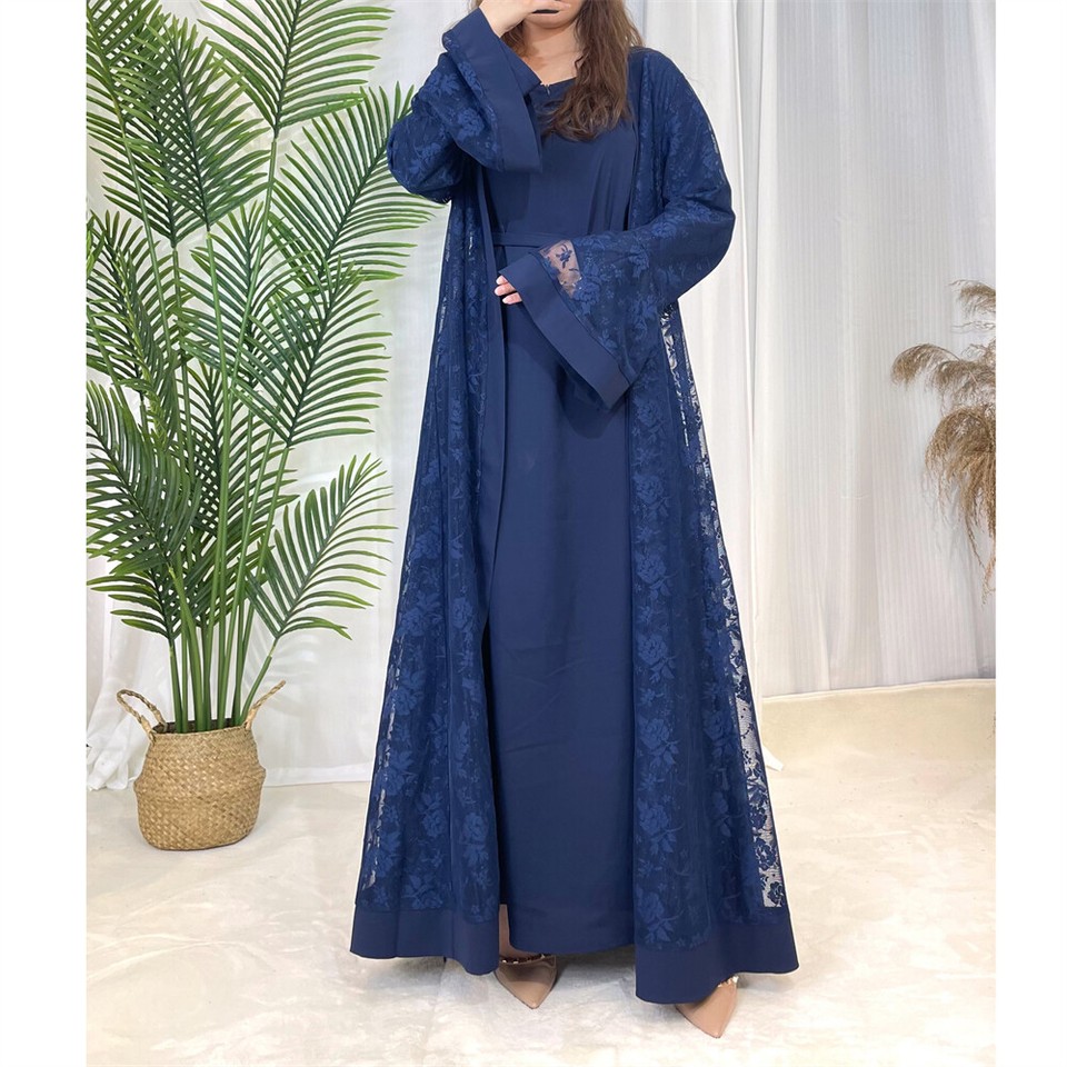 2 Pieces Set Women Ruffle Sleeve Open Abaya Kaftan Caftan Dress With Inner Sleeveless Dress