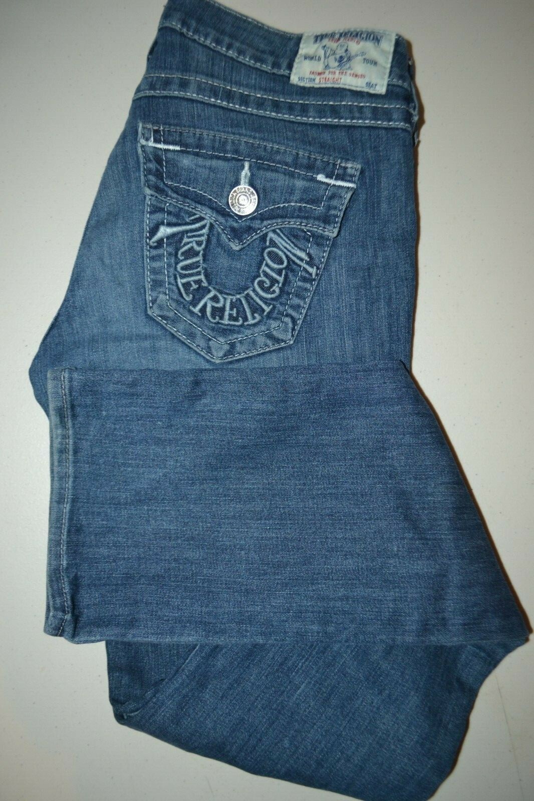 True Religion Women's Straight Embroidered Logo Pocket Flaps Blue Jeans Sz 28x34