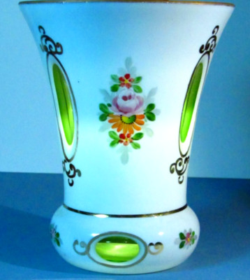 EGERMANN MOSER VASE CZECH BOHEMIA WHITE OVERLAY CUT TO GREEN CASED