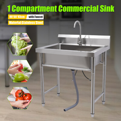 Commercial Sink Stainless Steel Kitchen Utility Sink 1 Compartment & Basins Back