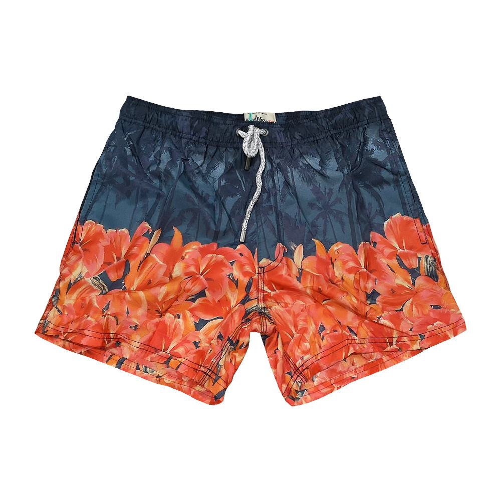 Traje de Baño Hombre Azul Naranja Floral Palmeras Pantalones Cortos Mar Boxers