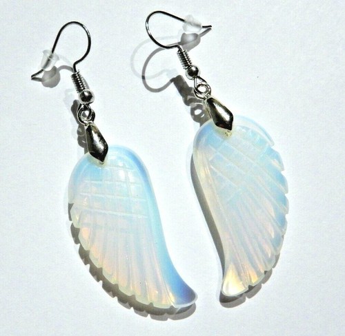HYPOALLERGENIC OPALITE ANGEL WING EARRINGS bird dove carved gemstone pendant K5 - Picture 2 of 4