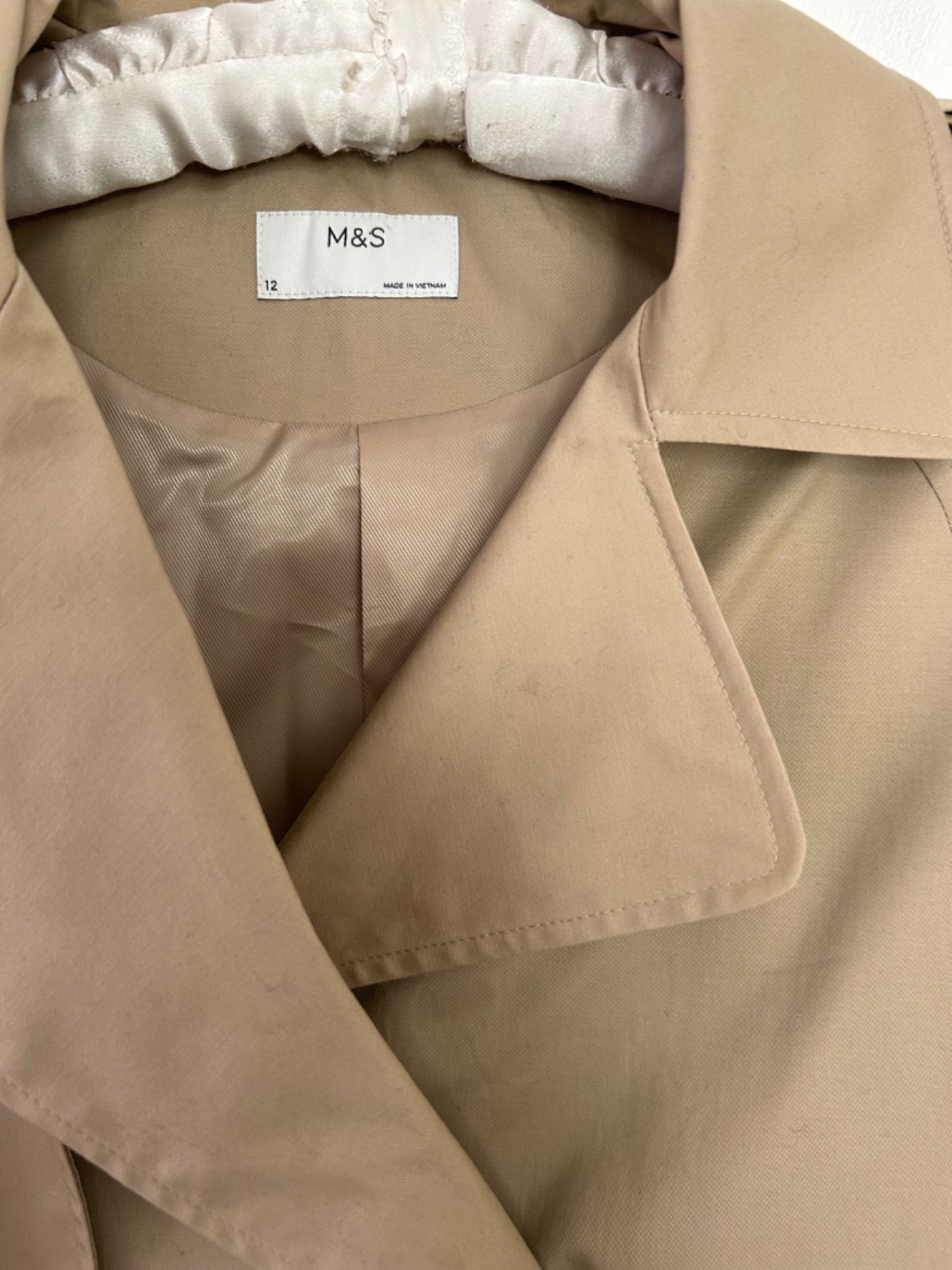 M & S Short Mac Women's Beige Lined Jacket Trench Coat Epaulets Size 12
