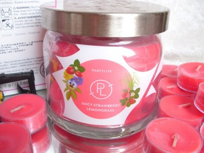 PartyLite JUICY STRAWBERRY LEMONGRAS  3 Docht Glas + 12 Teelicht OVP G732152 