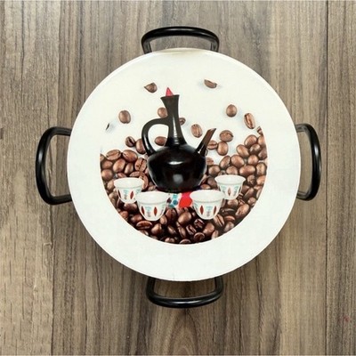 Ethiopian Coffee Beans Pattern Ceramic Cork Round Coaster Set with Holder  