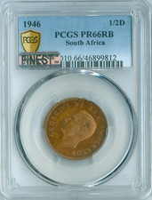 1946 SOUTH AFRICA HALF PENNY PCGS PR66 RB MAC FINEST GRADE CAMEO 150 MINTED .