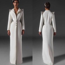 Women White Beaded Suit Single Breasted Jacket Long Peak Lapel Wedding 2Pcs