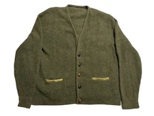 Vintage 60s 1960s Mohair Cardigan Sweater Men's Size M Green Stripe Grunge Fuzzy