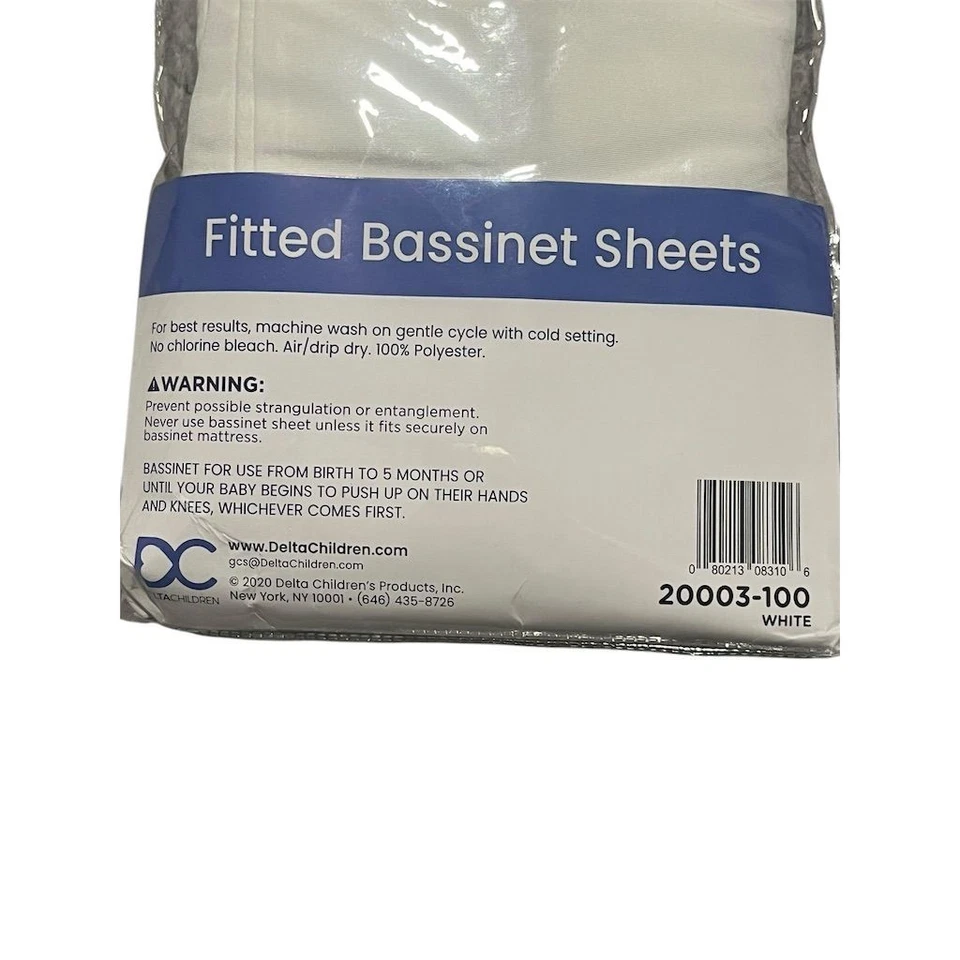 Delta Children Bassinet Fitted Sheets 2 Pack White 32x16x1 Fits 25201 35201 NEW - Image 3 of 3