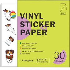 30 Sheets Premium Printable Vinyl Sticker Paper for Inkjet Printers Glossy Wh...