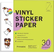 30 Sheets Premium Printable Vinyl Sticker Paper for Inkjet Printers Glossy Wh...