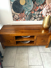Wood Brown TV Stand, 2 Door Media Unit with Open Shelf Storage, 40-50in