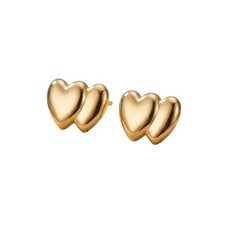 14K Solid Yellow Gold Double Heart Stud Stamping Earrings Love Romantic Jewelry