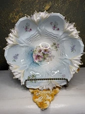 Antique RS Prussia Victorian Blue Floral Flowers Bowl Scalloped Gold Gilded VTG 