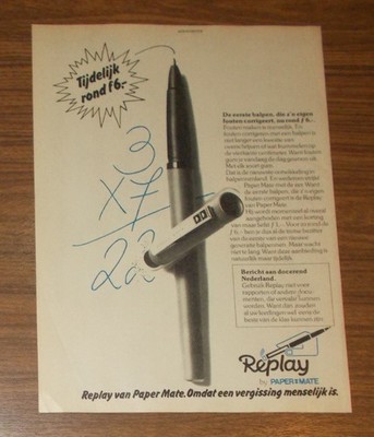 Seltene Werbung PAPER MATE REPLAY Kugelschreiber zum Ausradieren NL 1981