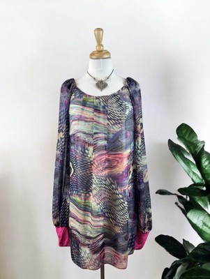 Peacock Print Chiffon Shift Dress Italy Designer Boho Artsy Romantic Dressy 8