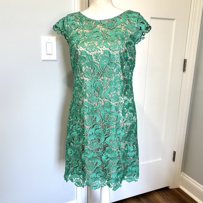 eliza j teal lace dress Eliza J Cap Sleeve Sheath Teal Green Lined Fairy Lace Dress 6 NWOT