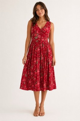 April Cornell Vintage Red Floral Button Front Midi Dress Cottage Womens Large