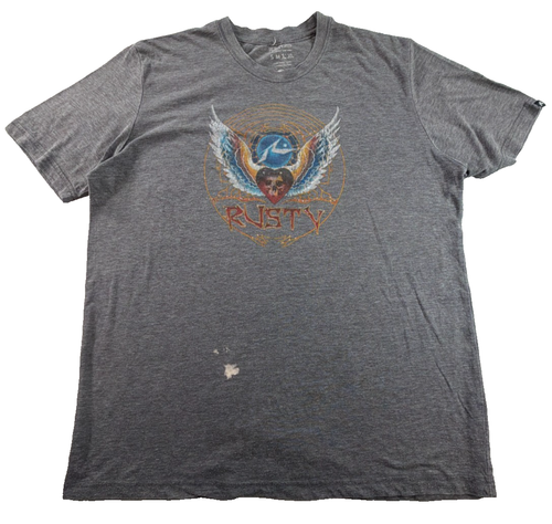 Rusty Surf Mens Large Gray Heather Skull Wings Graphic Tee Short Sleeve T-Shirt