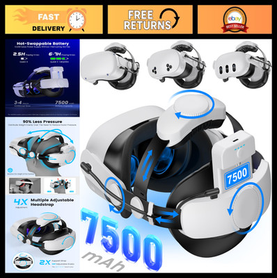 Adjustable VR Head Strap for Meta Quest 3/2 with 7500mAh Hot-Swap Batteries, Com