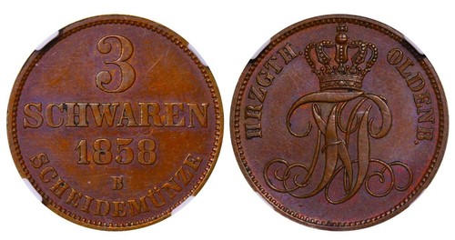 1858 Grand Duchy Of Oldenburg Peter II 3 Schwaren Copper NGC MS 62 BN Top PoP - Picture 2 of 3