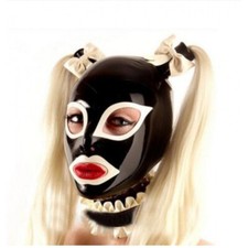 Latex Hood with Double Wig Rubber Mask Blond Pigtail Cosplay Club Wear Costume