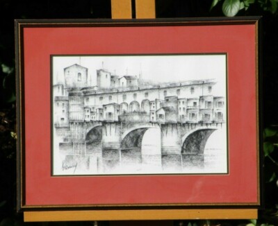 Ponte Vecchio Bridge in Florence, Italy, Illegibly Signed Charcoal Drawing