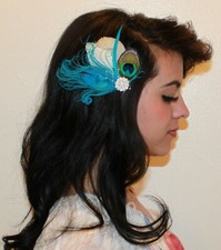 Fascinator feather clip white turquoise Blue peacock bridal photo prop headdress