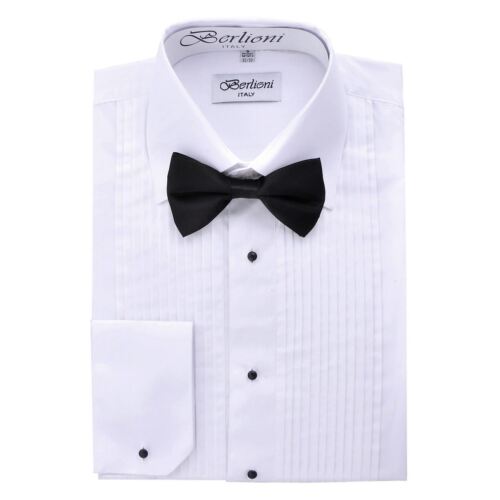 Berlioni Italy Men's Tuxedo Dress Shirt Laydown & Wingtip Collar with Bow-Tie
