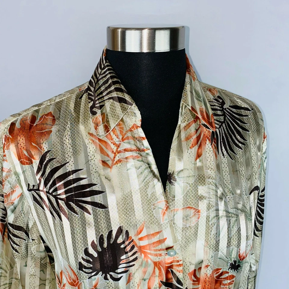 Camisa Piano Mujer Satinada Metálica Rayas Única Informal Estampado de Hojas S Foto 4 de 4