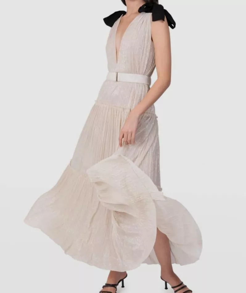 411 Sabina Musayev Women s Ivory Ray Tiered Satin Dress with Bows Size L