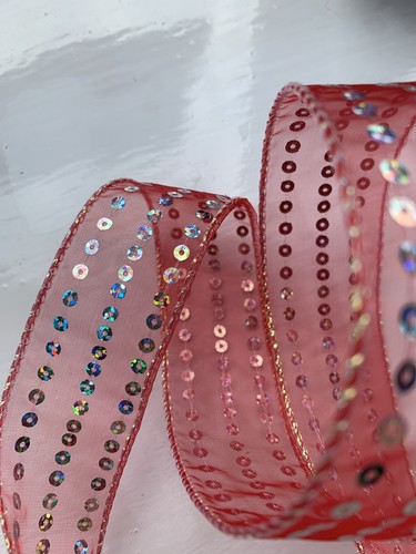 1Metre Red Hologram Sequin Organza Ribbon Wedding Costumes Christmas Valentines - Picture 3 of 3
