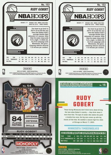 4 Card Lot: Rudy Gobert 2023-24 NBA Hoops Prizm Donruss - Jazz Timberwolves - Picture 2 of 2