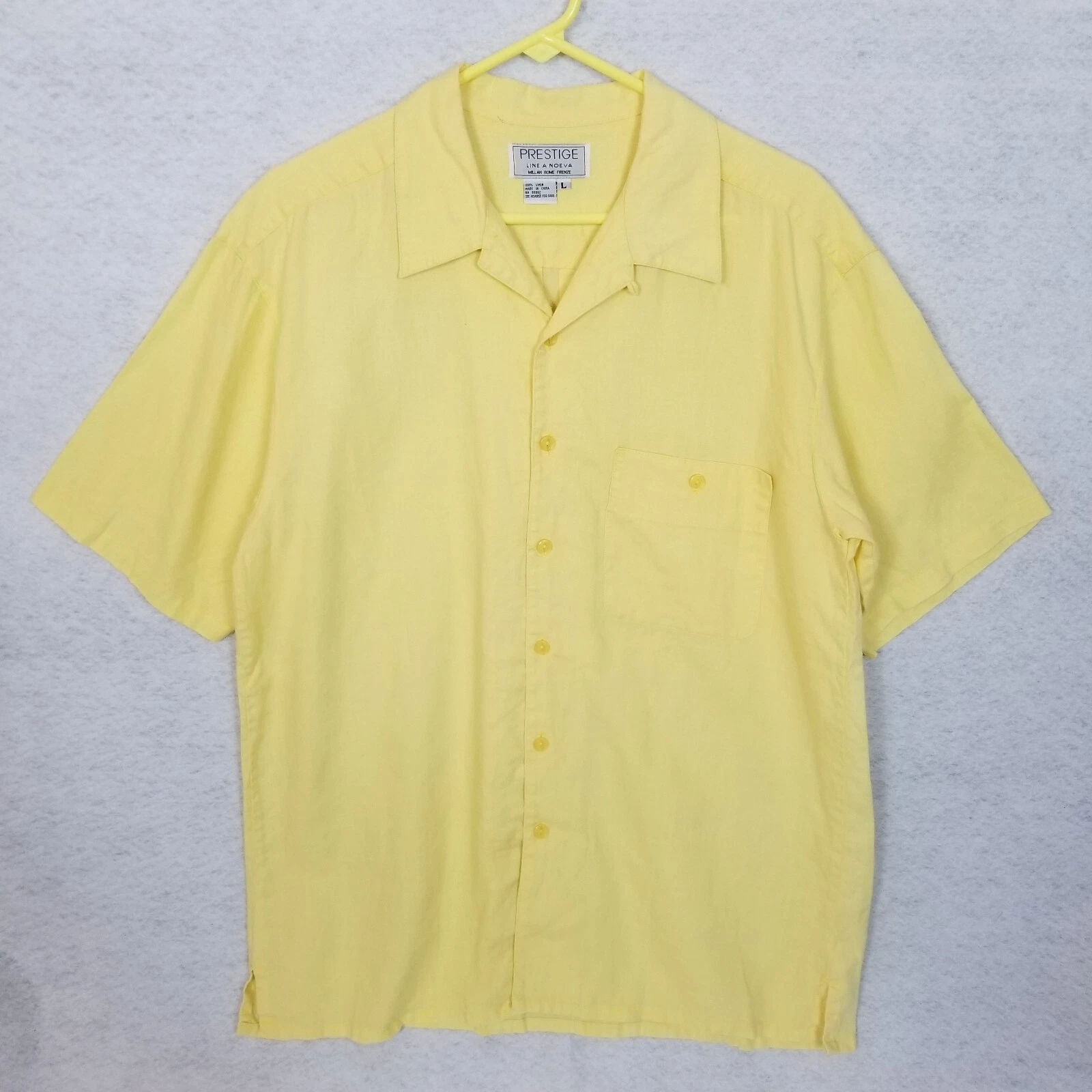 PRESTIGE 100% Linen Button Up Short Sleeve Front Pocket Camp Shirt Yellow L